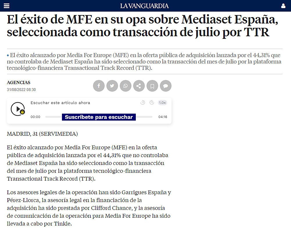 El xito de MFE en su opa sobre Mediaset Espaa, seleccionada como transaccin de julio por TTR